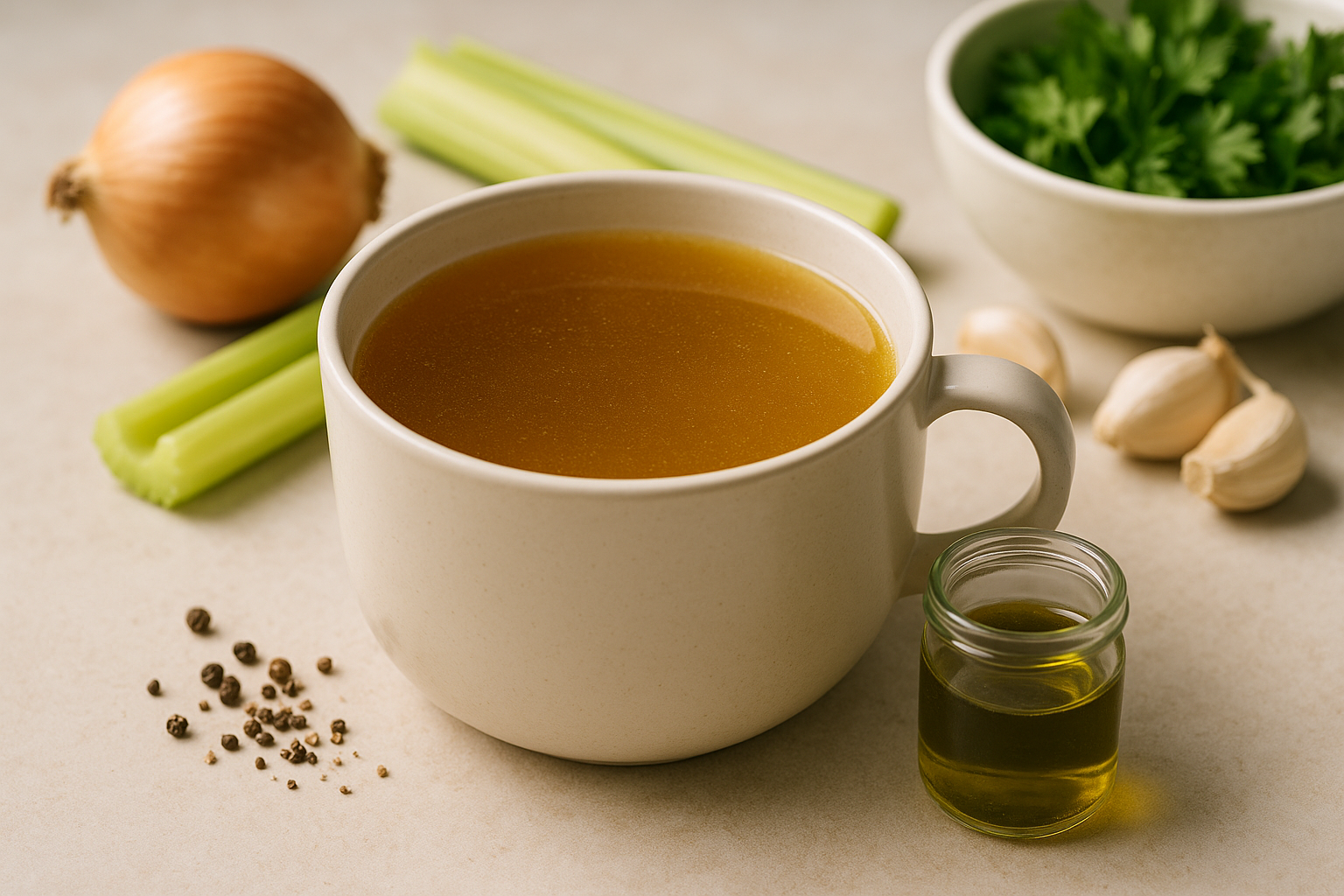 Cannabis bone broth served in a ceramic mug beside herbs, black pepper, and a clearly labeled infused finishing fat
