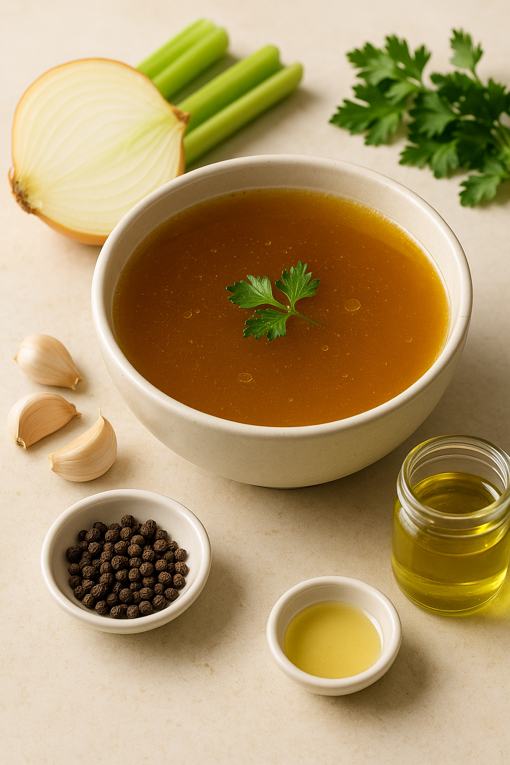 Finished cannabis bone broth strained into measured mugs with parsley and black pepper