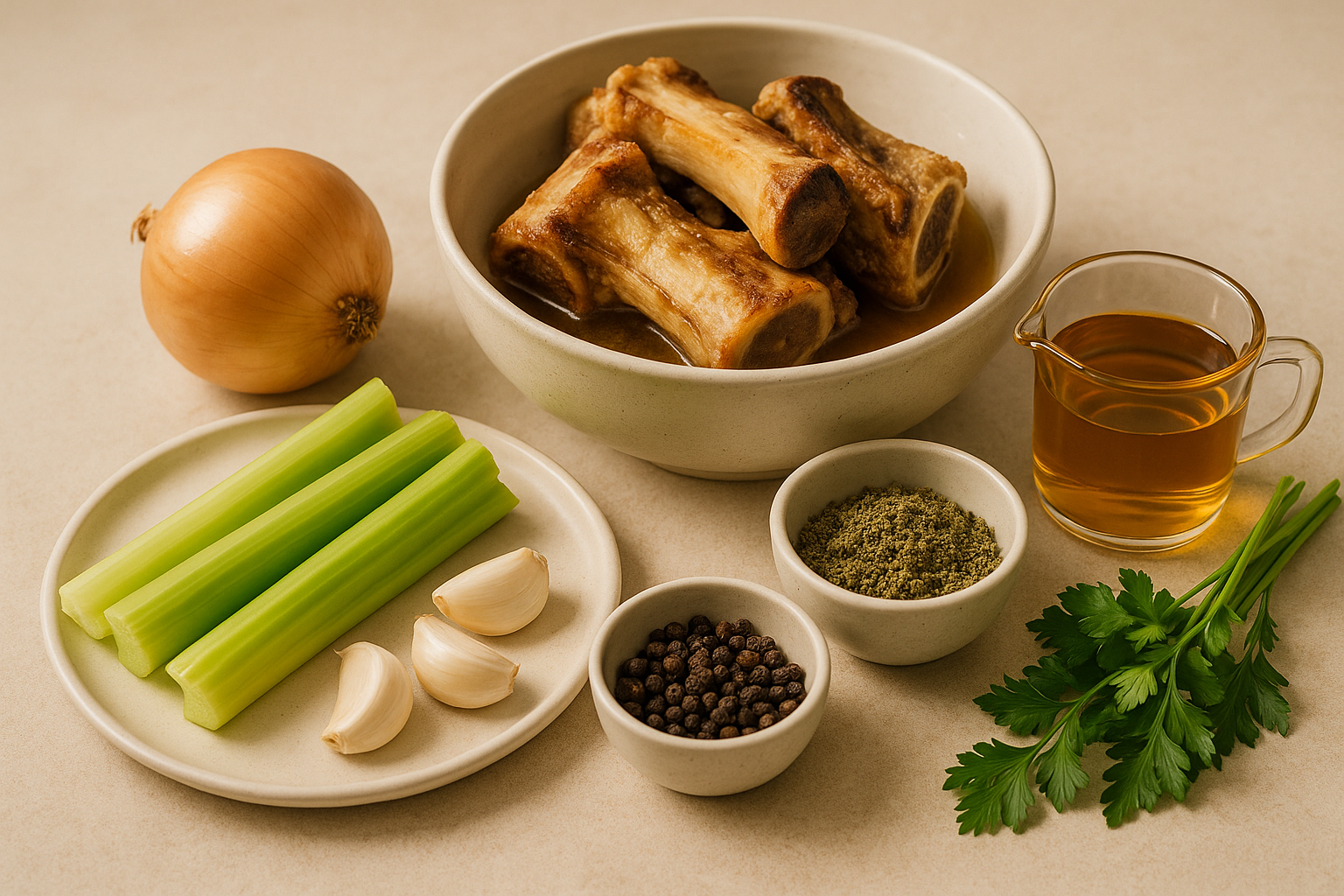 Ingredients for cannabis bone broth including roasted bones, onion, celery, garlic, parsley, apple cider vinegar, and a measured infused finishing fat