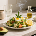 keto cannabis avocado egg salad finished recipe styled as the emotional anchor with warm editorial food photography