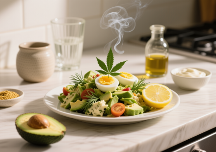 keto cannabis avocado egg salad finished recipe styled as the emotional anchor with warm editorial food photography