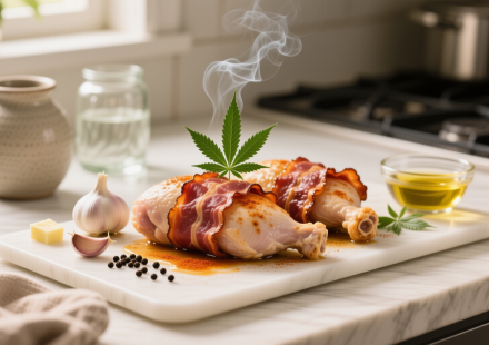 keto low carb cannabis bacon wrapped chicken thighs finished recipe styled as the emotional anchor with warm editorial food photography