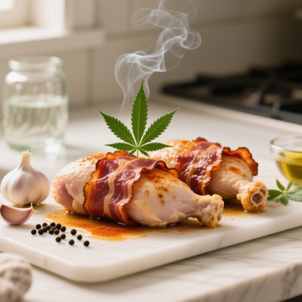 keto low carb cannabis bacon wrapped chicken thighs finished recipe styled as the emotional anchor with warm editorial food photography
