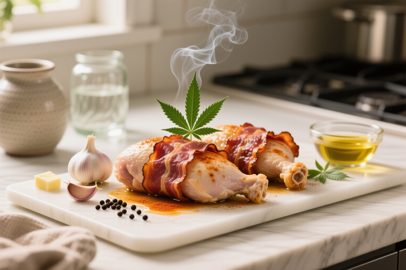 Keto Low-Carb Cannabis Bacon-Wrapped Chicken Thighs finished and portioned for measured serving