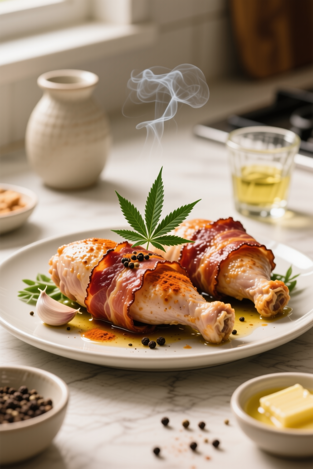 Finished Keto Low-Carb Cannabis Bacon-Wrapped Chicken Thighs divided into clear servings