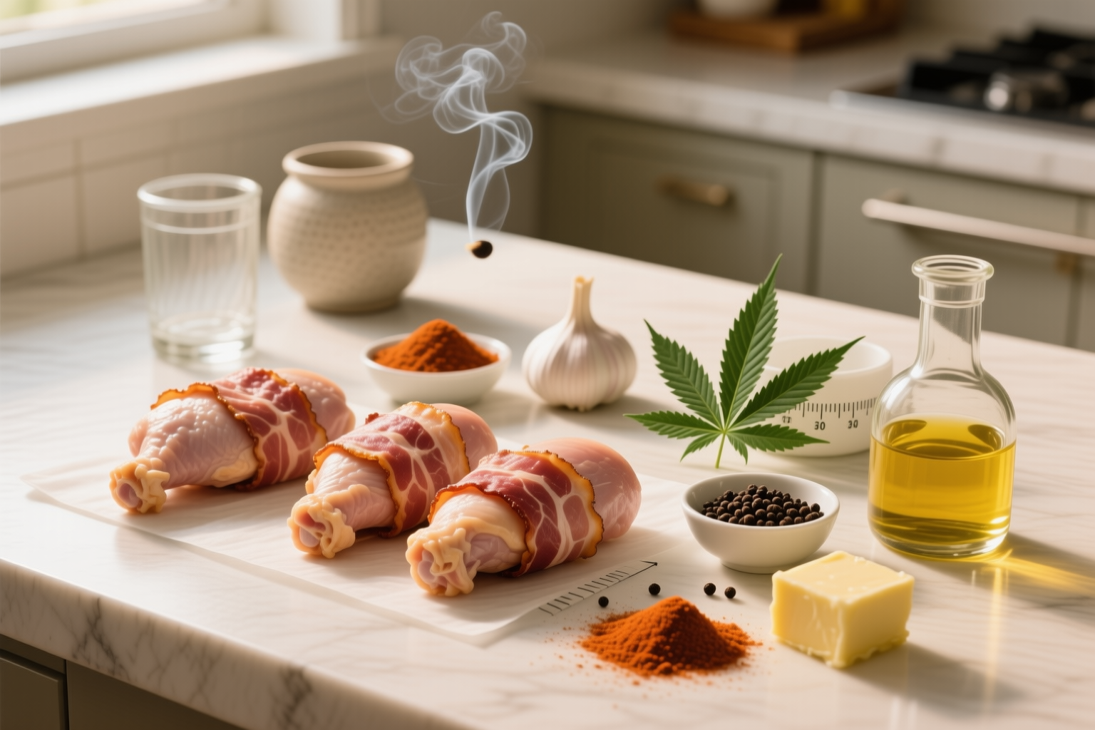 Ingredients for Keto Low-Carb Cannabis Bacon-Wrapped Chicken Thighs including chicken thighs, bacon, smoked paprika, garlic, black pepper, infused butter or oil