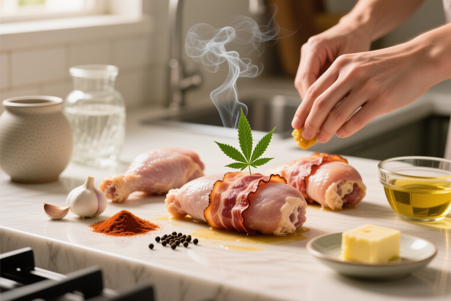 Preparing Keto Low-Carb Cannabis Bacon-Wrapped Chicken Thighs with a measured infused ingredient