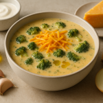 low carb cannabis broccoli cheddar soup finished recipe styled as the emotional anchor with warm editorial food photography