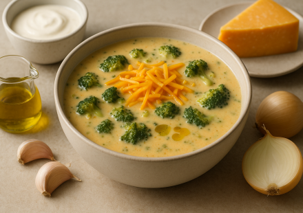 low carb cannabis broccoli cheddar soup finished recipe styled as the emotional anchor with warm editorial food photography