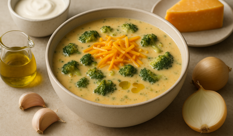 low carb cannabis broccoli cheddar soup finished recipe styled as the emotional anchor with warm editorial food photography