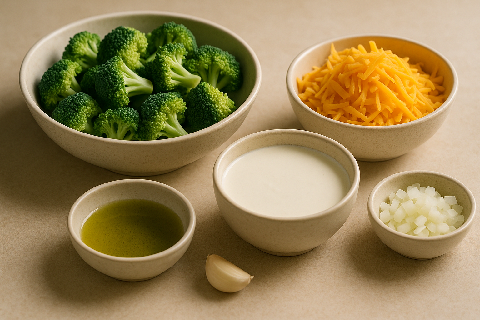 Ingredients for Low-Carb Cannabis Broccoli Cheddar Soup (No Flour) including broccoli, cheddar, cream, garlic, onion, infused butter or oil