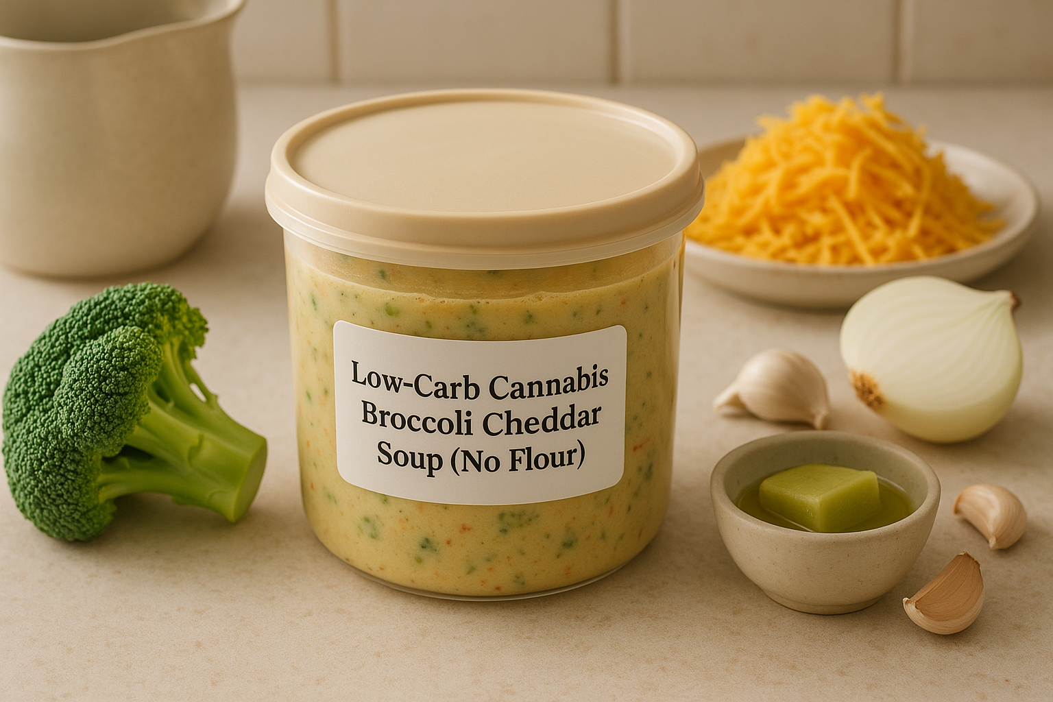 Low-Carb Cannabis Broccoli Cheddar Soup (No Flour) stored in a clearly labeled container