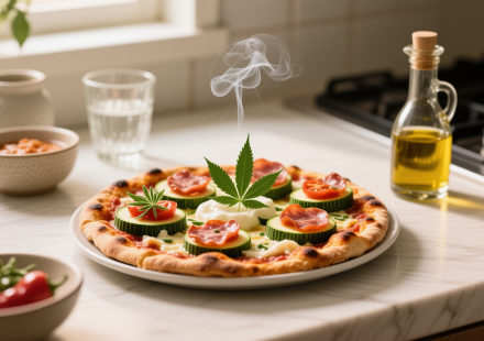 low carb cannabis zucchini pizza bites finished recipe styled as the emotional anchor with warm editorial food photography