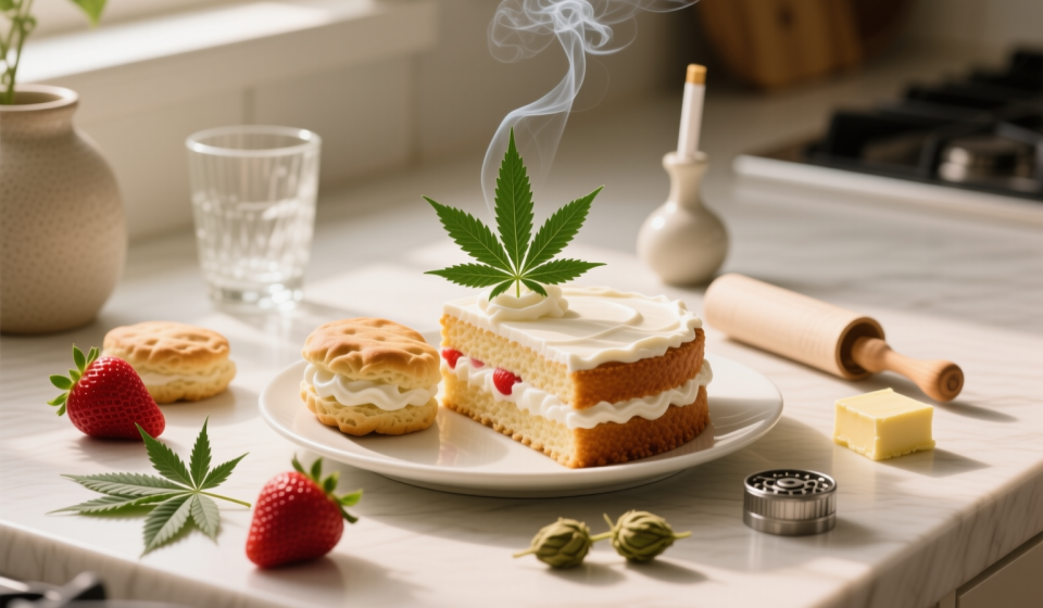 low dose cannabis strawberry shortcake finished recipe styled as the emotional anchor with warm editorial food photography