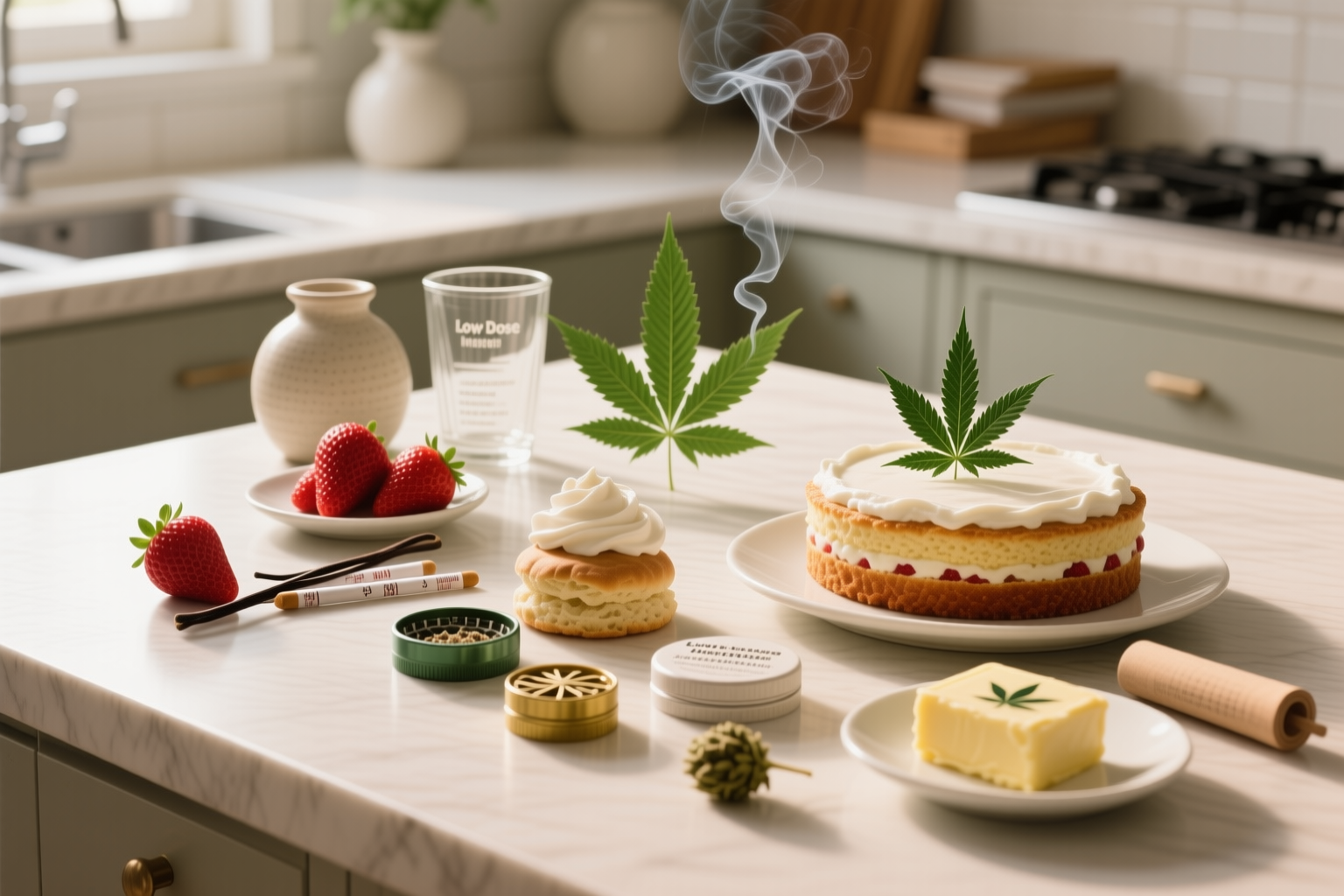 Ingredients for Low-Dose Cannabis-Infused Strawberry Shortcake including strawberries, vanilla, whipped cream, biscuit, lightly infused butter