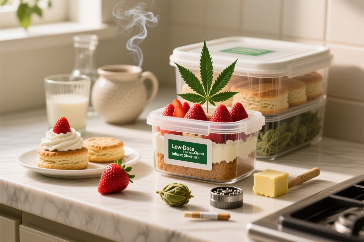 Low-Dose Cannabis-Infused Strawberry Shortcake stored in a clearly labeled container