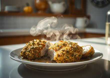 nut free cannabis pumpkin seed crusted chicken finished recipe styled as the emotional anchor with warm editorial food photography