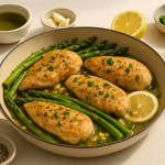 one pan cannabis lemon garlic chicken and asparagus finished recipe styled as the emotional anchor with warm editorial food photography