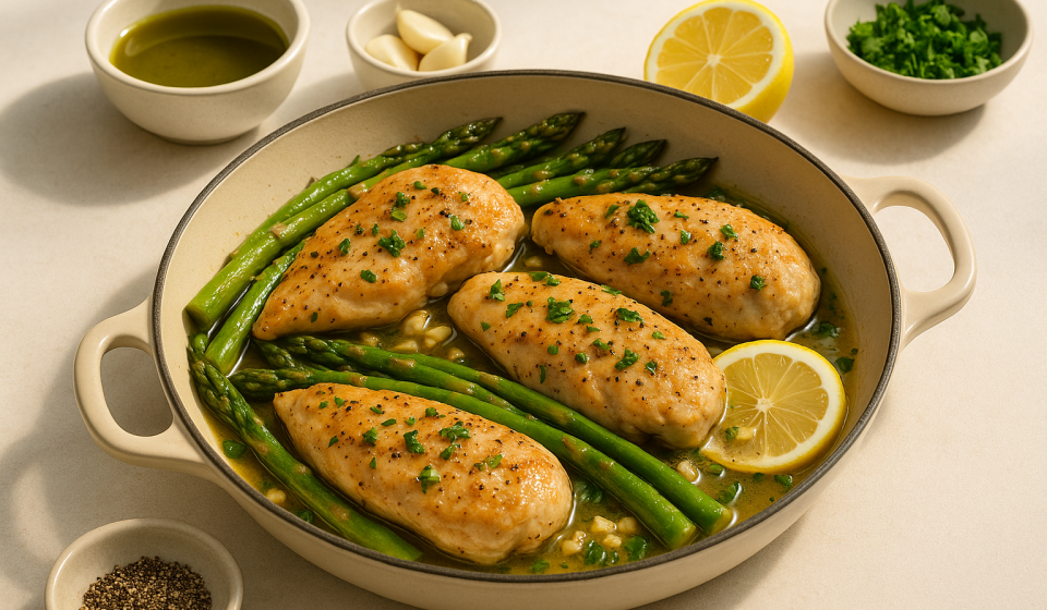 one pan cannabis lemon garlic chicken and asparagus finished recipe styled as the emotional anchor with warm editorial food photography