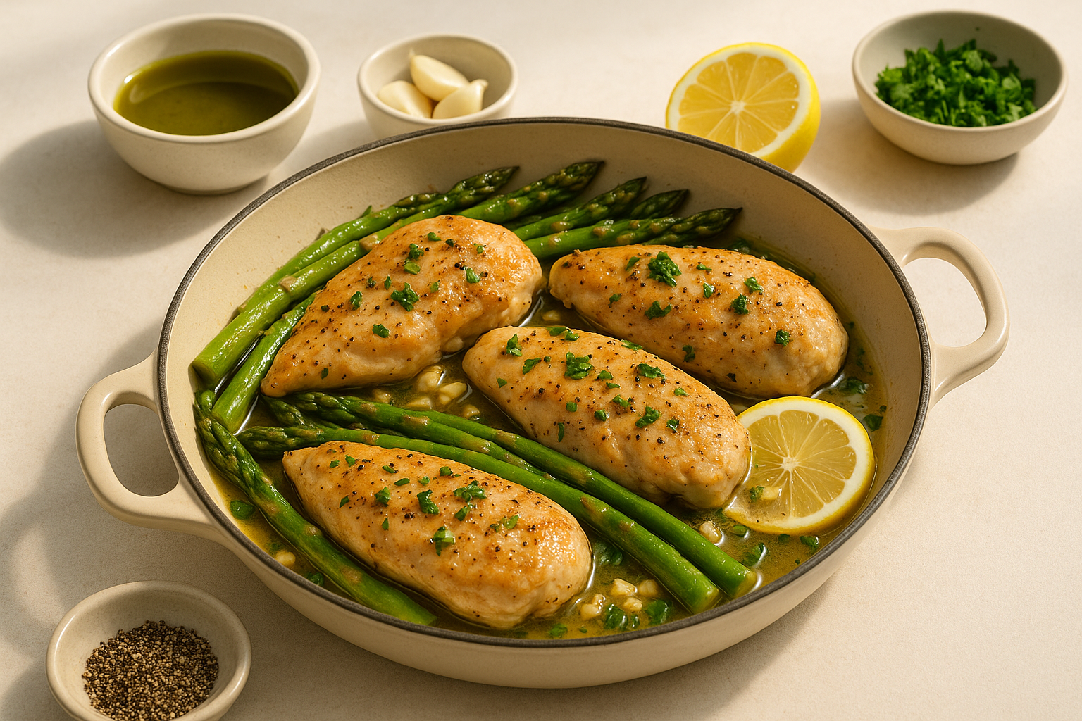 One-Pan Cannabis Lemon Garlic Chicken and Asparagus finished and portioned for measured serving