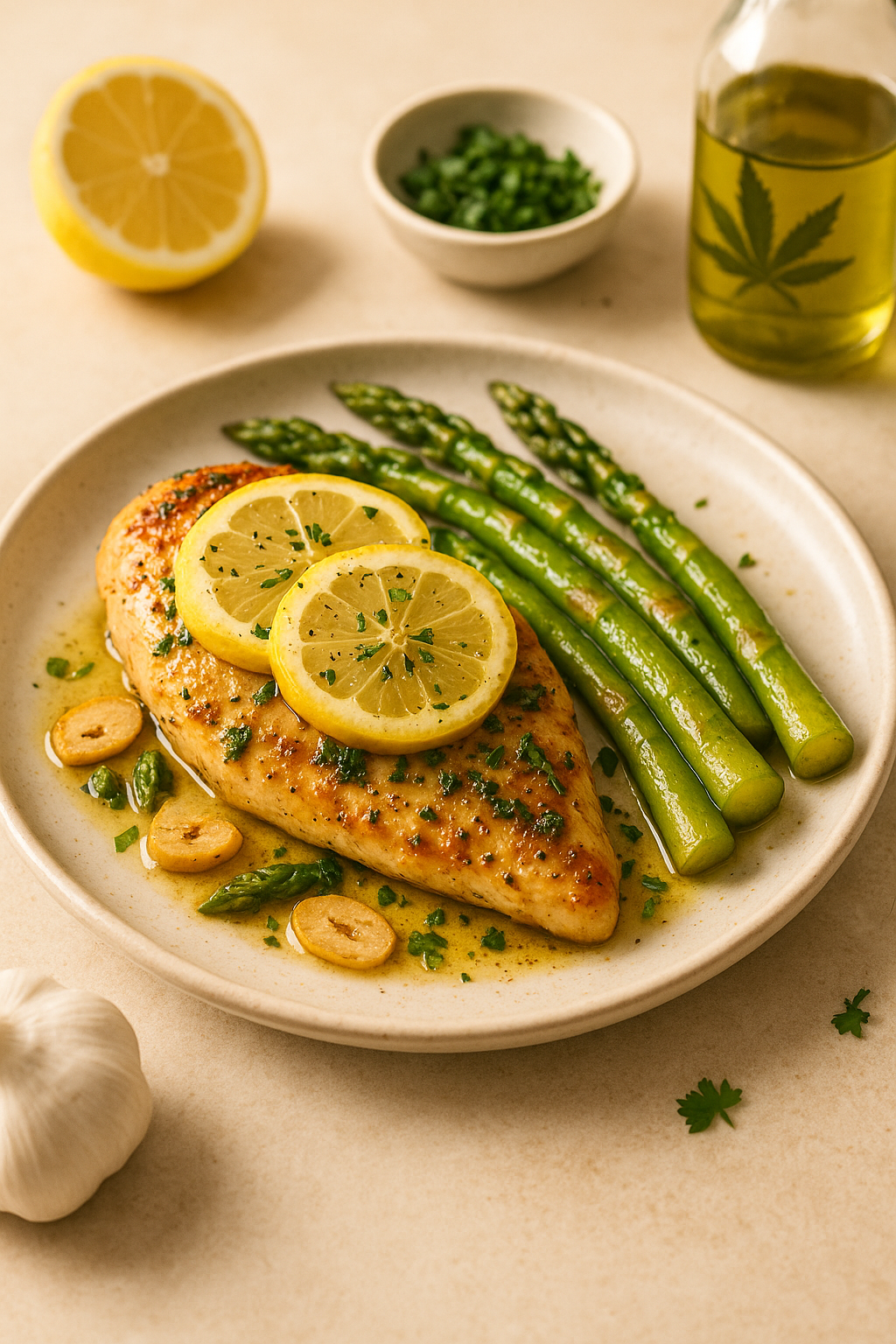 Finished One-Pan Cannabis Lemon Garlic Chicken and Asparagus divided into clear servings