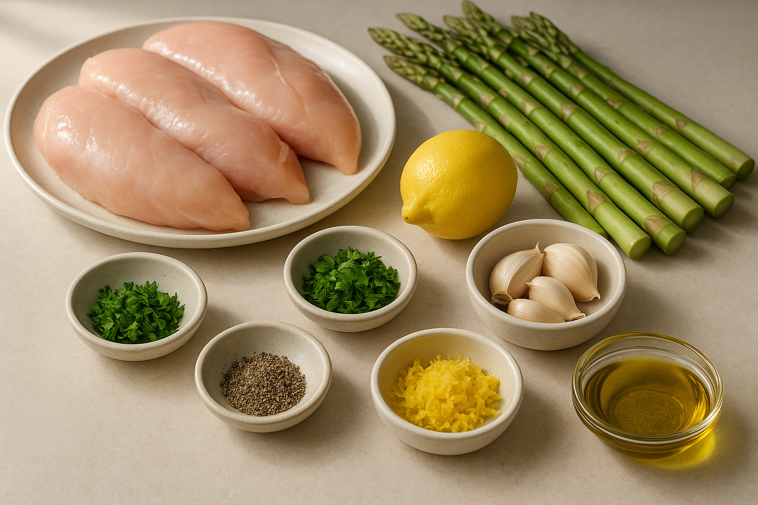 Ingredients for One-Pan Cannabis Lemon Garlic Chicken and Asparagus including chicken, asparagus, lemon, garlic, parsley, black pepper, infused olive oil