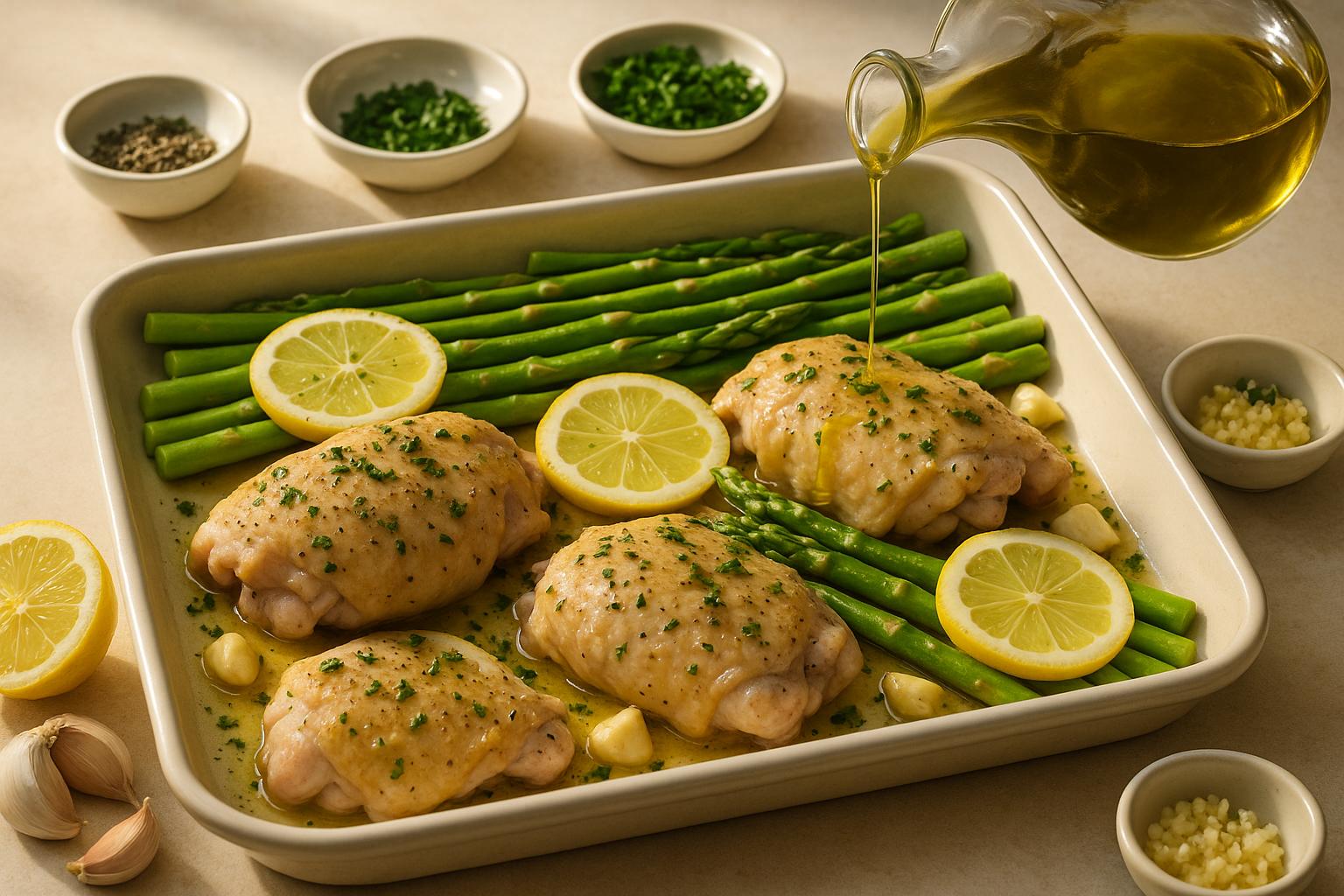 Preparing One-Pan Cannabis Lemon Garlic Chicken and Asparagus with a measured infused ingredient