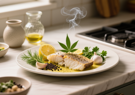 one pan cannabis lemon herb cod finished recipe styled as the emotional anchor with warm editorial food photography