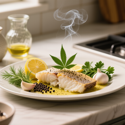 one pan cannabis lemon herb cod finished recipe styled as the emotional anchor with warm editorial food photography
