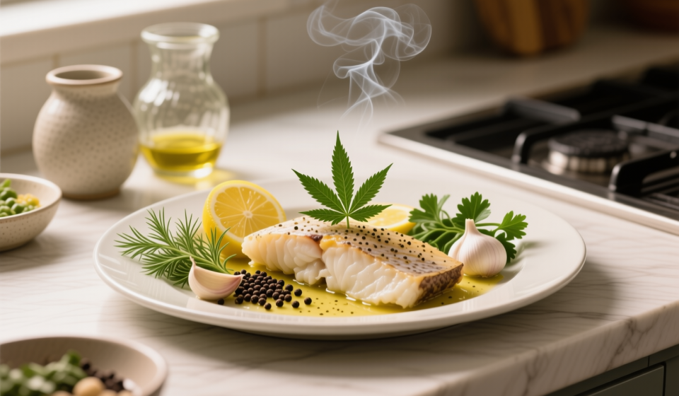one pan cannabis lemon herb cod finished recipe styled as the emotional anchor with warm editorial food photography