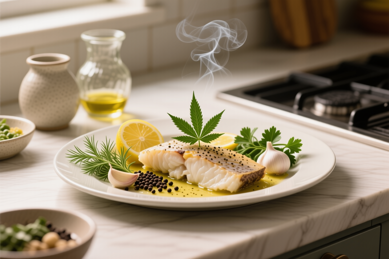 One-Pan Cannabis Lemon Herb Cod finished and portioned for measured serving