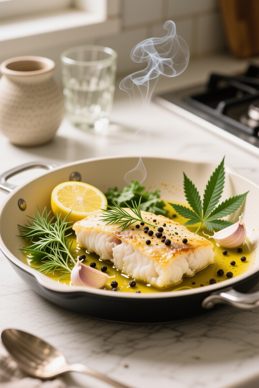 Finished One-Pan Cannabis Lemon Herb Cod divided into clear servings