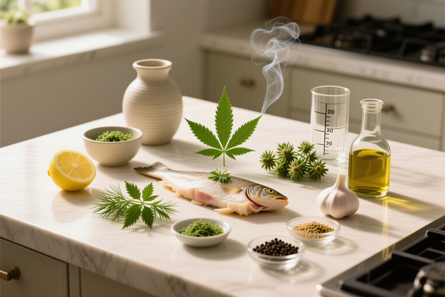 Ingredients for One-Pan Cannabis Lemon Herb Cod including cod, lemon, dill, parsley, garlic, black pepper, infused olive oil