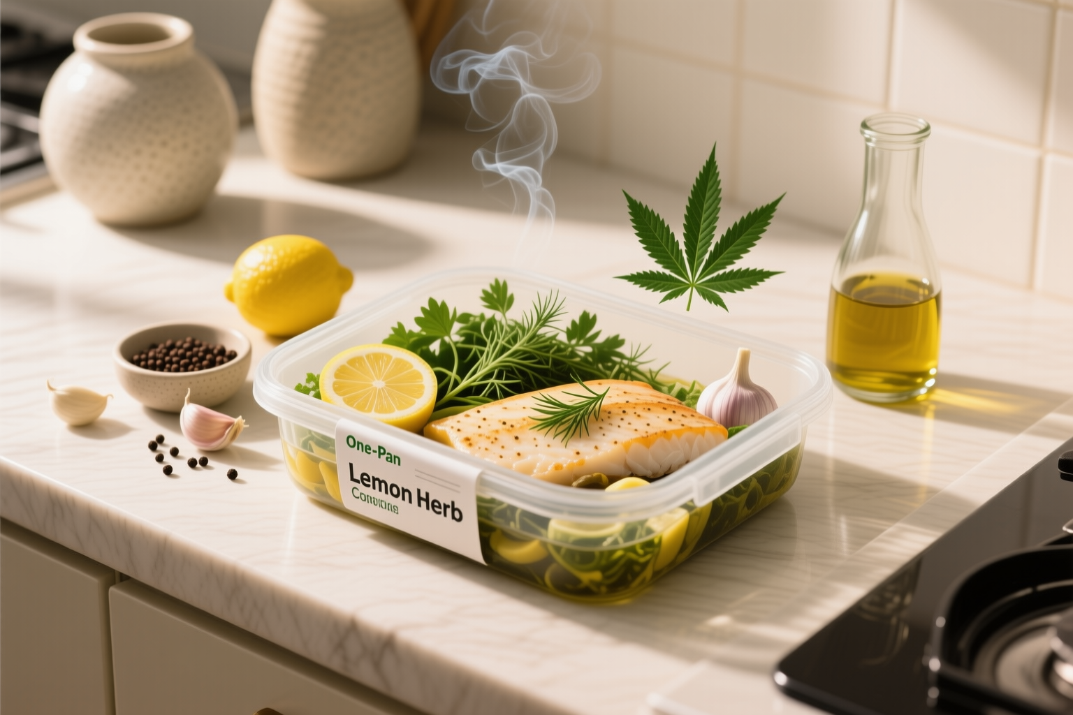 One-Pan Cannabis Lemon Herb Cod stored in a clearly labeled container