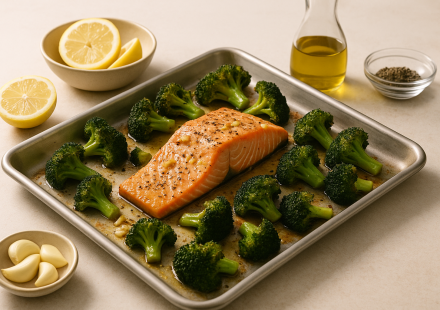 sheet pan cannabis salmon and broccoli finished recipe styled as the emotional anchor with warm editorial food photography