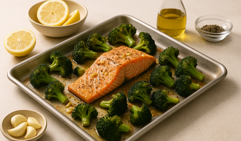 sheet pan cannabis salmon and broccoli finished recipe styled as the emotional anchor with warm editorial food photography