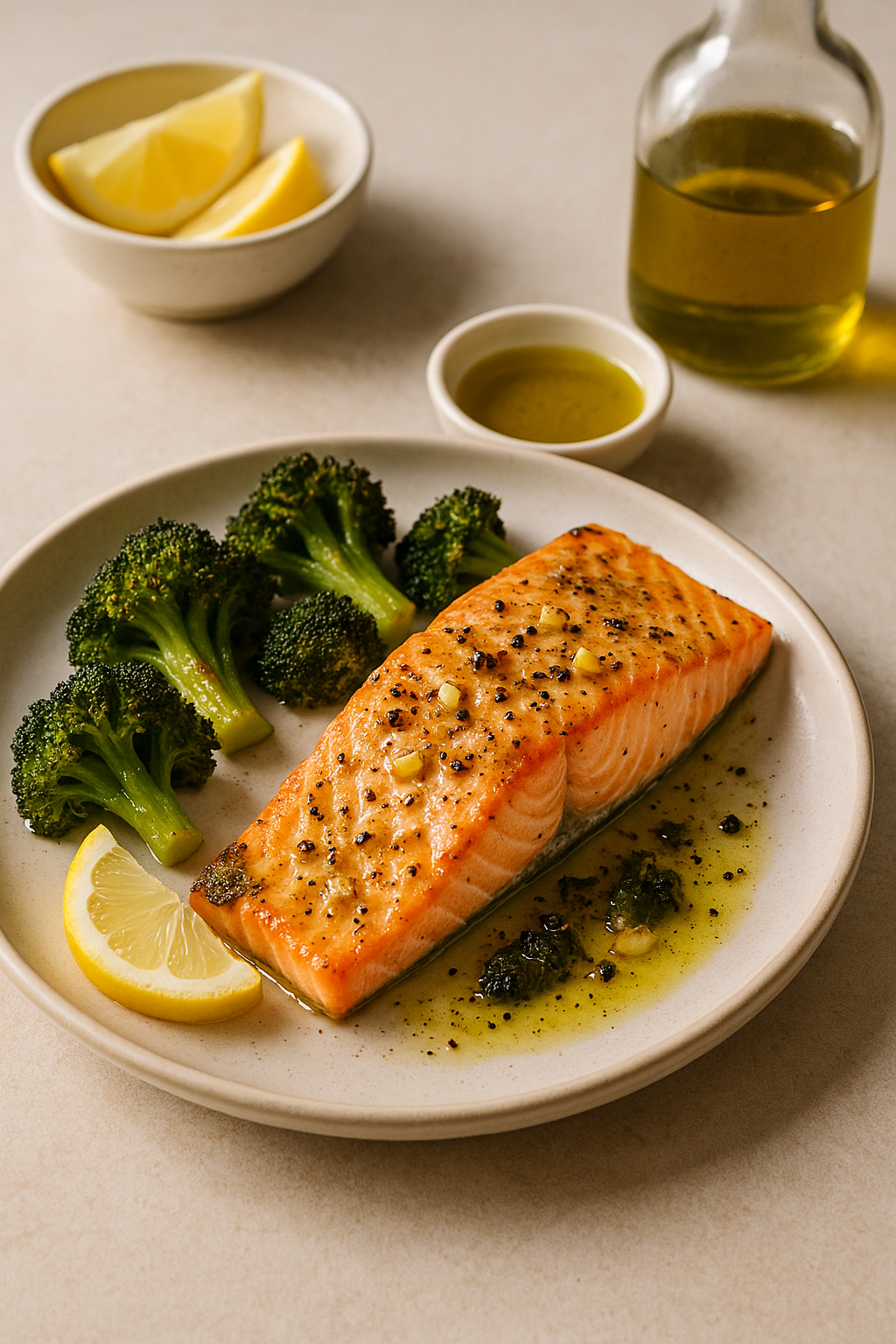 Finished sheet pan cannabis salmon and broccoli divided into measured plated servings