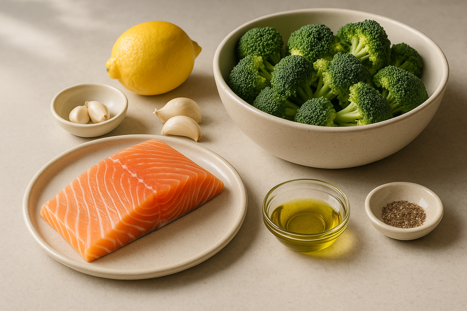 Ingredients for sheet pan cannabis salmon and broccoli including salmon fillets, broccoli, lemon, garlic, black pepper, olive oil, and infused olive oil