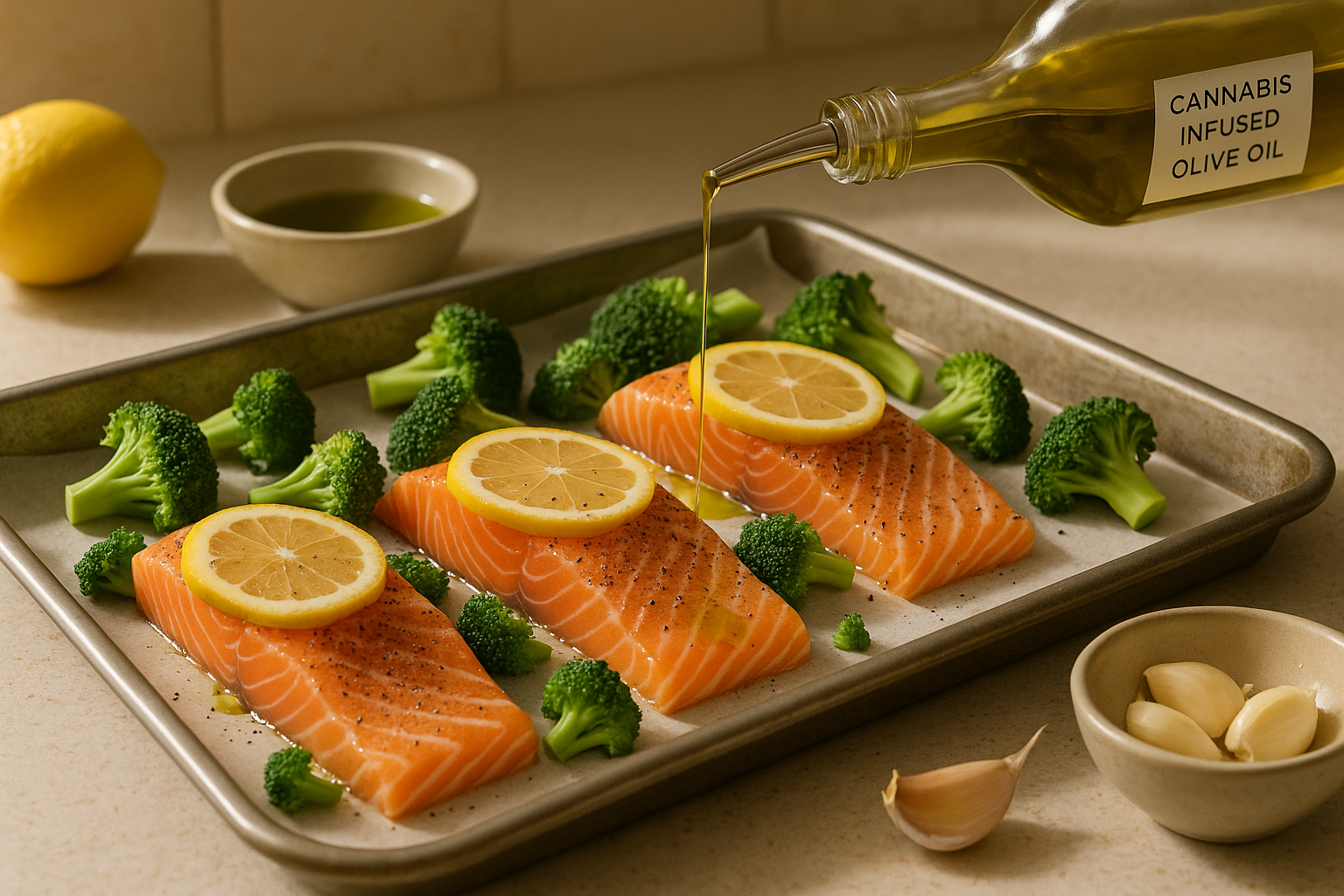 Sheet pan cannabis salmon and broccoli roasting on a tray with lemon, garlic, and broccoli