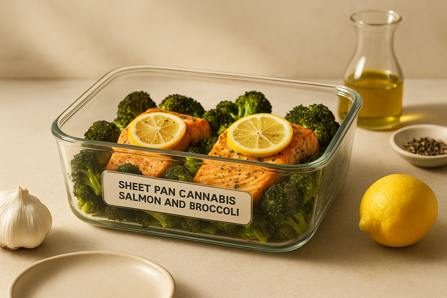 Sheet pan cannabis salmon and broccoli stored in labeled meal-prep containers with lemon on the side