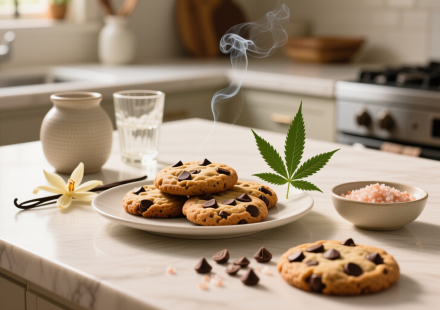 sugar free infused with thc chocolate chip cookies finished recipe styled as the emotional anchor with warm editorial food photography