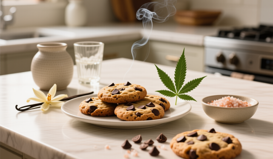 sugar free infused with thc chocolate chip cookies finished recipe styled as the emotional anchor with warm editorial food photography