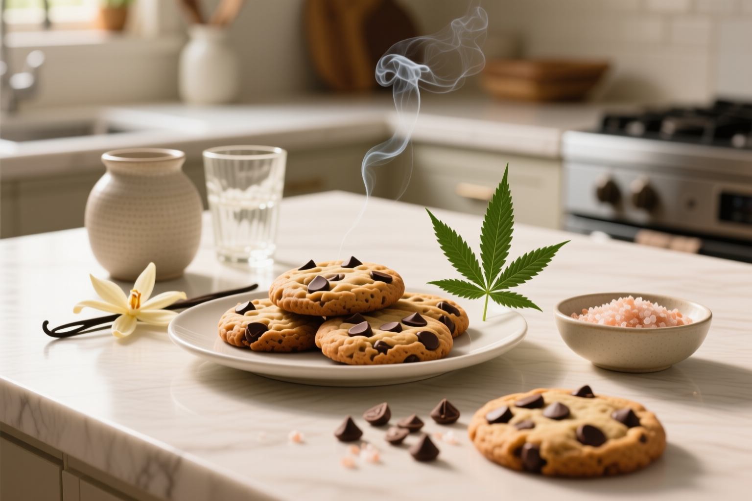Sugar-free infused THC chocolate chip cookies stacked on a plate with visible chocolate chips and a labeled serving card nearby