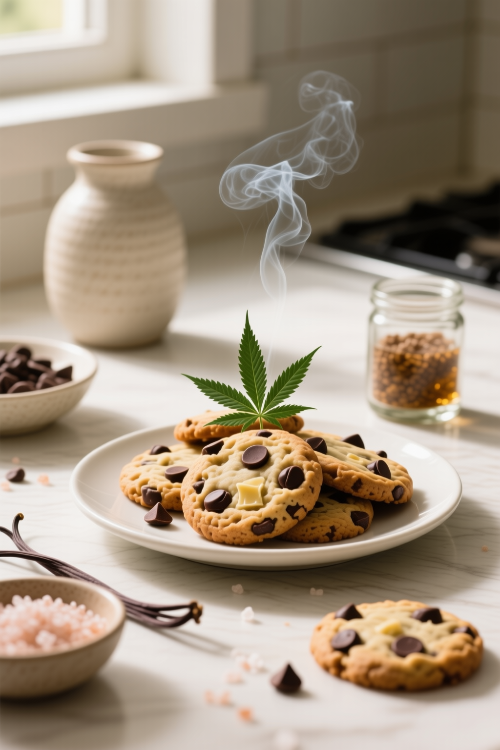 Finished sugar-free infused THC chocolate chip cookies cooled on a rack with even portions and visible chocolate chips