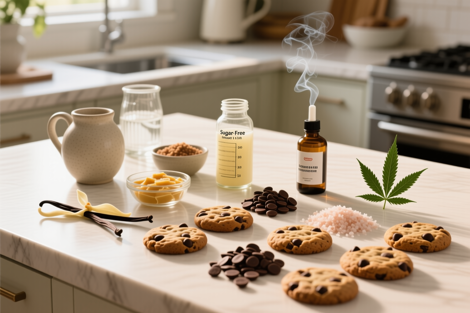 Ingredients for sugar-free infused THC chocolate chip cookies including flour, sugar-free sweeteners, sugar-free chocolate chips, egg, vanilla, and infused butter