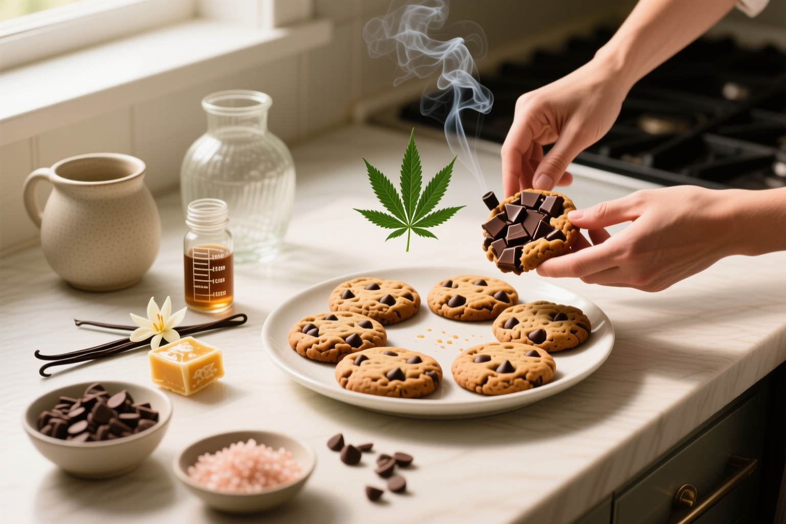 Sugar-free infused THC chocolate chip cookie dough being scooped into equal portions on a parchment lined baking sheet