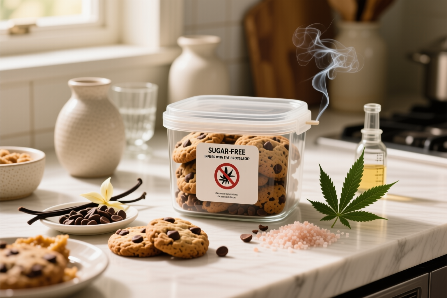 Sugar-free infused THC chocolate chip cookies stored in a clearly labeled container with estimated milligrams per cookie