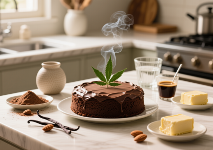 sugar free infused with thc keto chocolate cake finished recipe styled as the emotional anchor with warm editorial food photography