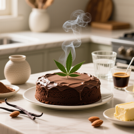 sugar free infused with thc keto chocolate cake finished recipe styled as the emotional anchor with warm editorial food photography