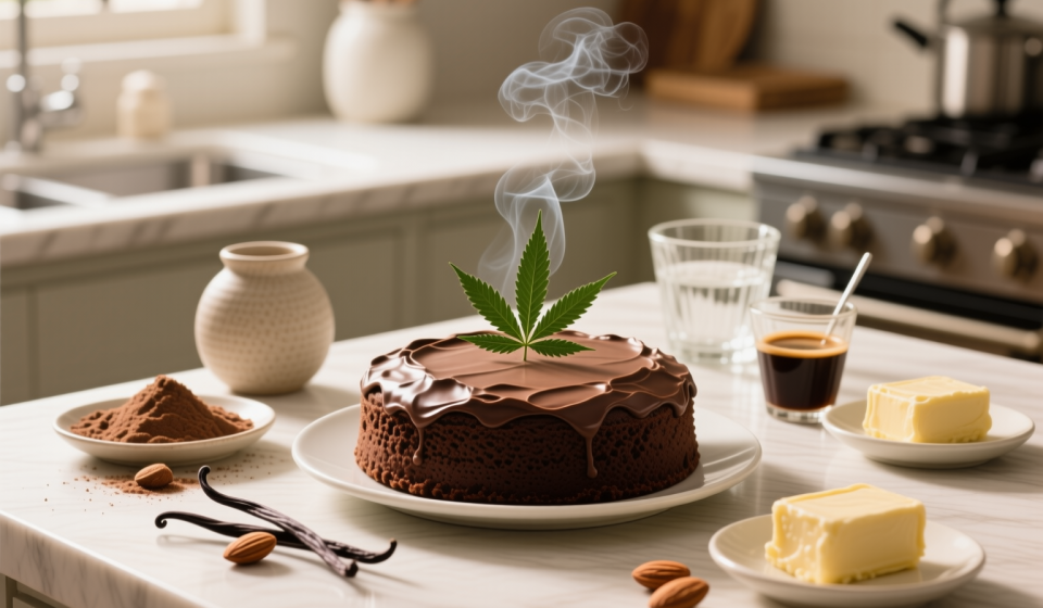 sugar free infused with thc keto chocolate cake finished recipe styled as the emotional anchor with warm editorial food photography